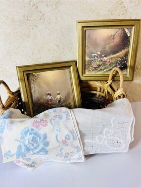 Vintage Cottagecore Decor Lot Basket Hankies Framed Lithographs Farmhouse Style